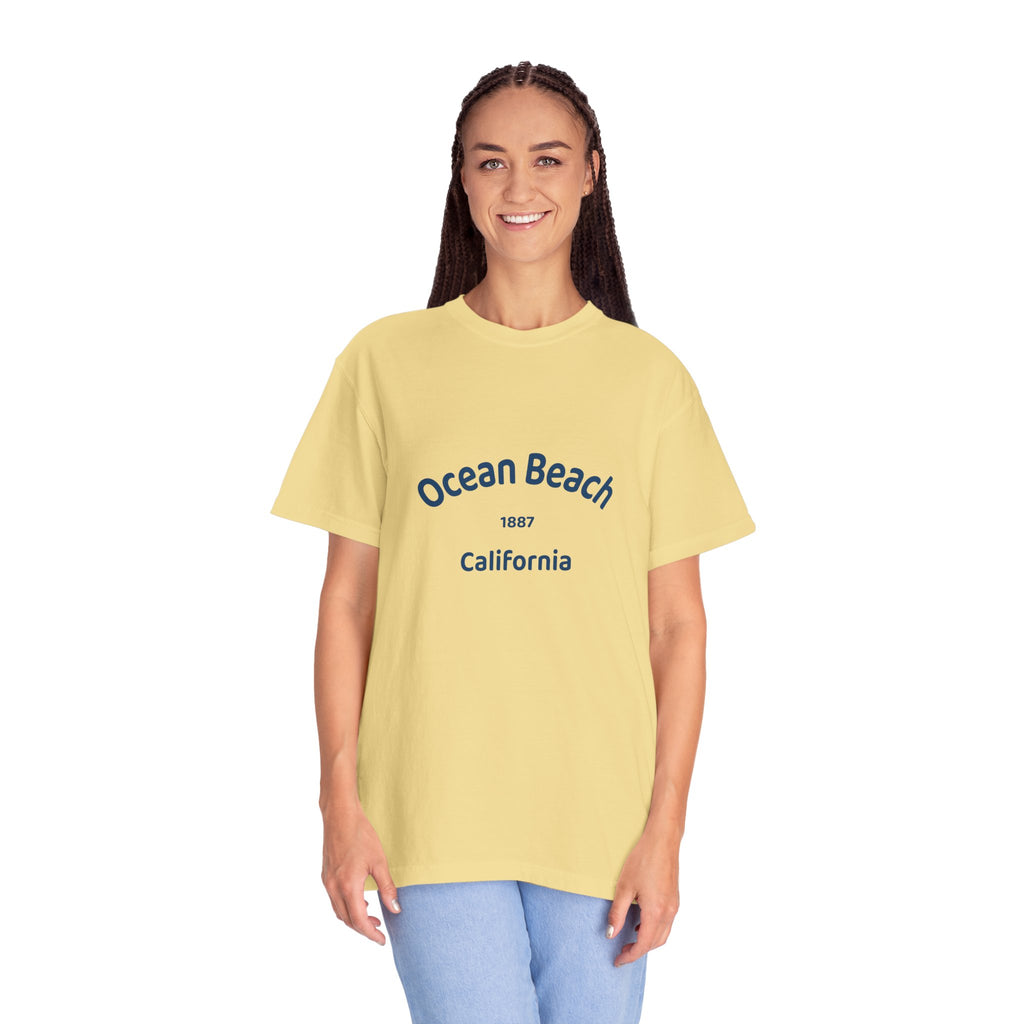 Ocean Beach Garment-Dyed T-Shirt, Casual Vintage Tee, Summer Beachwear, Coastal Gift, Beach Lover's Apparel